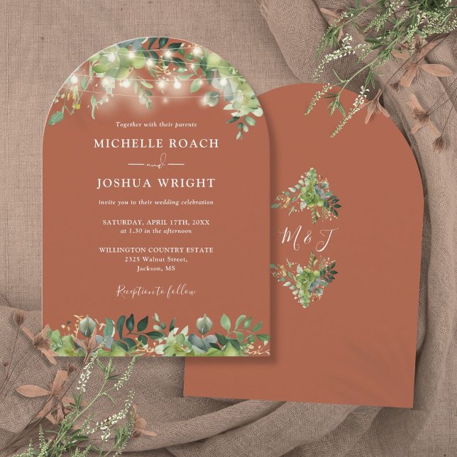 Greenery Ljus Monogram Terracotta Bröllop Inbjudningar (Greenery Lights Monogram Terracotta Wedding Invitation)