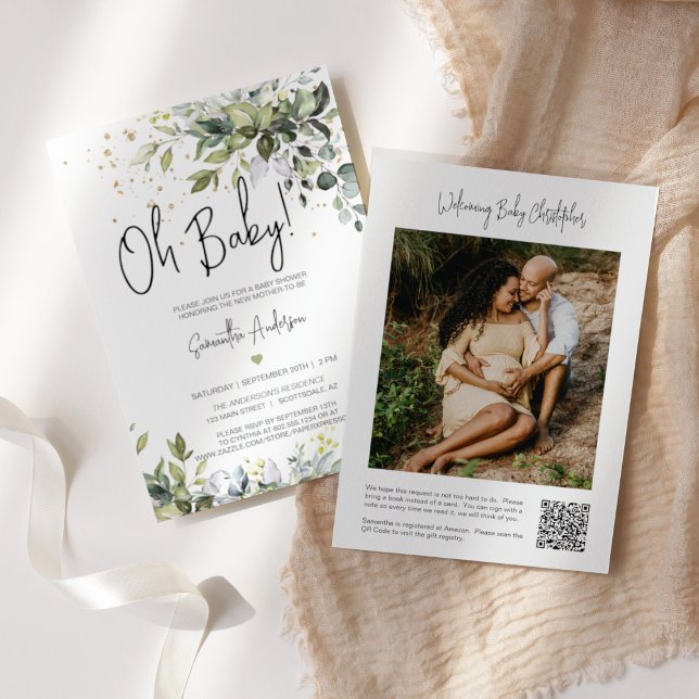 Greenery Löv Baby Shower Registry QR Code Photo Inbjudningar (Skapare uppladdad)