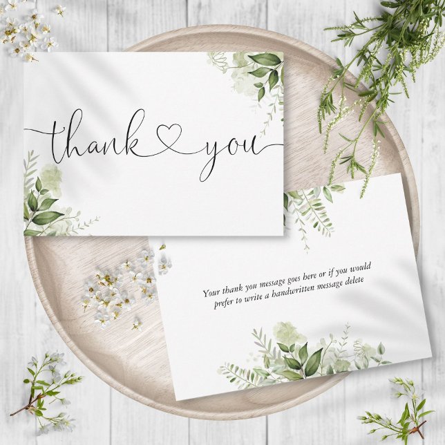 Greenery Löv Botanical Elegant Script Heart Tack Kort (Greenery Leaves Botanical Elegant Script Heart Thank You Card)