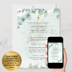 Greenery Löv katolsk Nuptial Mass Bröllop Inbjudningar