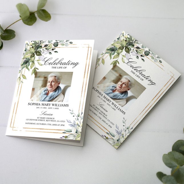 Greenery Lövs Photo Memorial Funeral Programs Kort (Skapare uppladdad)