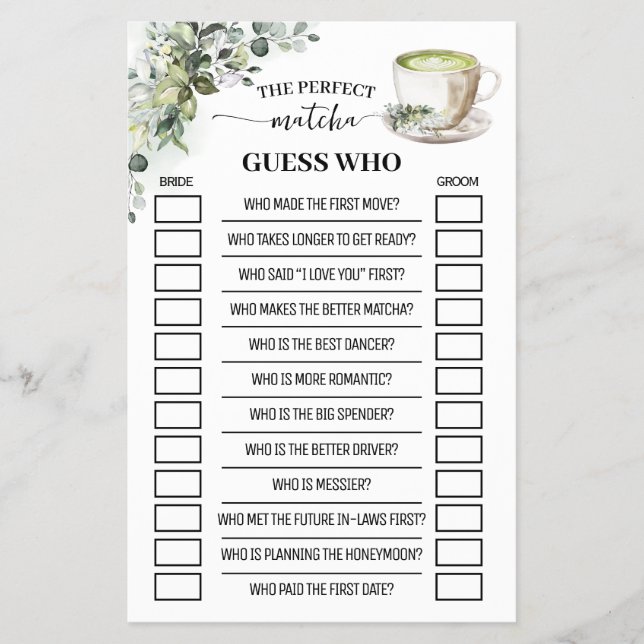 Greenery Matcha Guess Who Bridal Shower Game Card Flygblad (Framsidan)