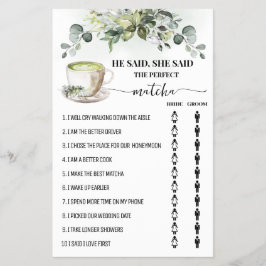 Greenery Matcha He Said She Said Shower Game Card Flygblad