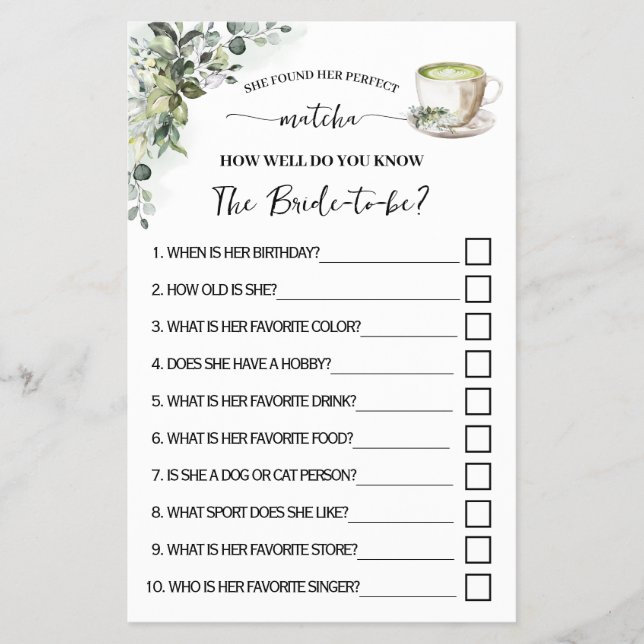 Greenery Matcha How Well Do You Know Her Game Card Flygblad (Framsidan)