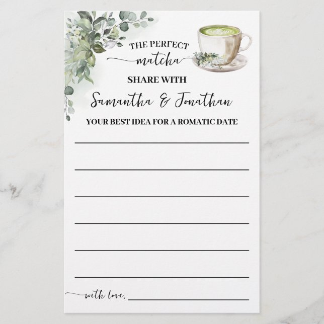 Greenery Matcha Share a Date Idea Shower Game Card Flygblad (Framsidan)