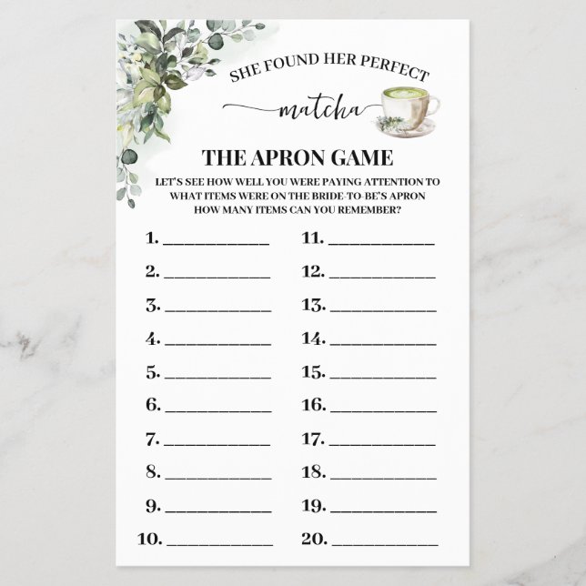 Greenery Matcha The Apron Bridal Shower Game Card Flygblad (Framsidan)