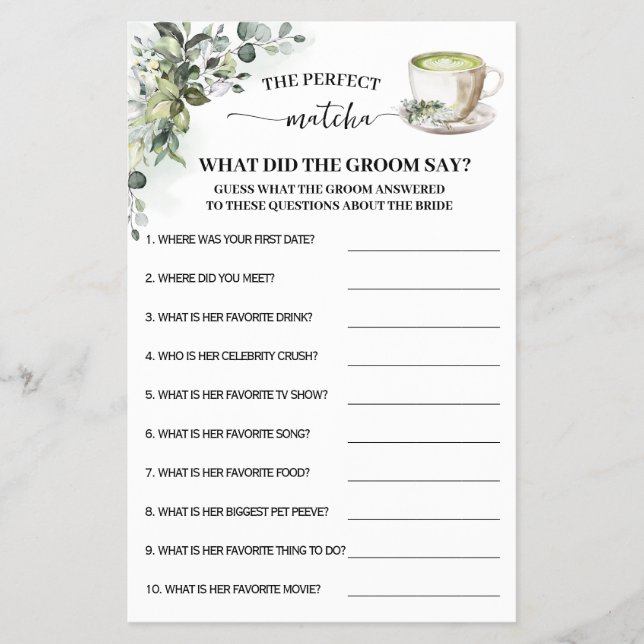 Greenery Matcha What Groom Say Shower Game Card Flygblad (Framsidan)