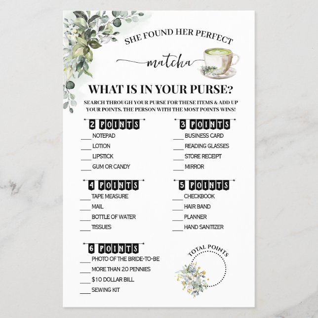 Greenery Matcha What is in Purse Shower Game Card Flygblad (Framsidan)