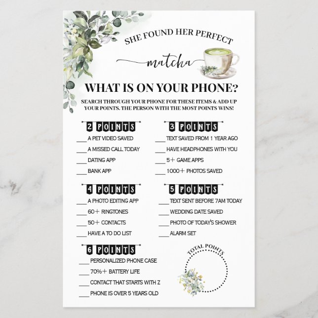 Greenery Matcha What is on Phone Shower Game Card Flygblad (Framsidan)