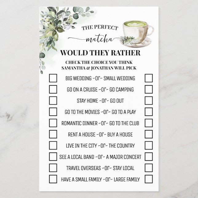 Greenery Matcha Would They Rather Shower Game Card Flygblad (Framsidan)