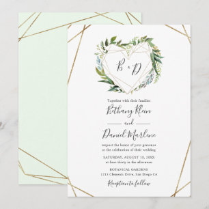 Greenery med Guld Geometric Heart Ram Bröllop Inbjudningar