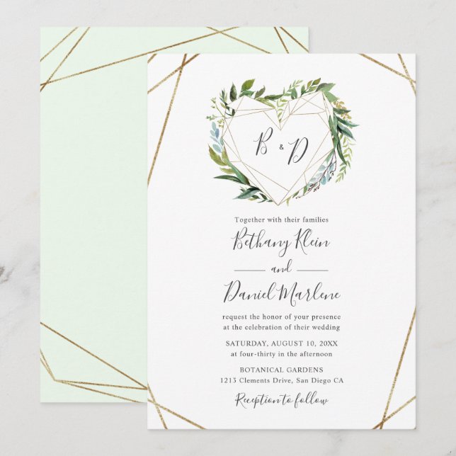 Greenery med Guld Geometric Heart Ram Bröllop Inbjudningar (Fram/baksida)