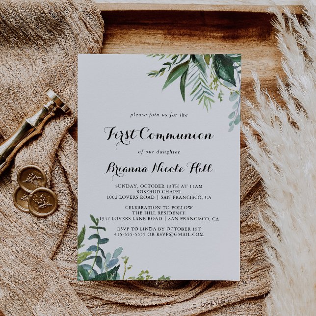 Greenery Modern Calligraphy First Communion Inbjudningar (Skapare uppladdad)