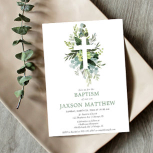 Greenery modern eukalyptus grönt foliage baptism inbjudningar