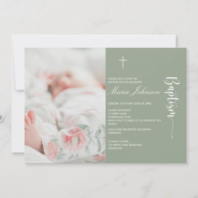 Greenery modern Photo Baptism invitation Inbjudningar (Framsida)