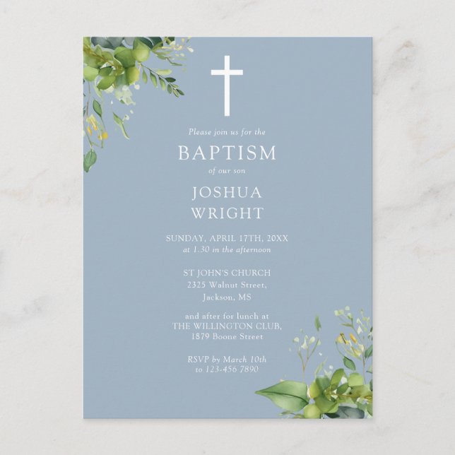 Greenery Monogram Baptism Dusty Blue-inbjudan Vykort (Framsida)