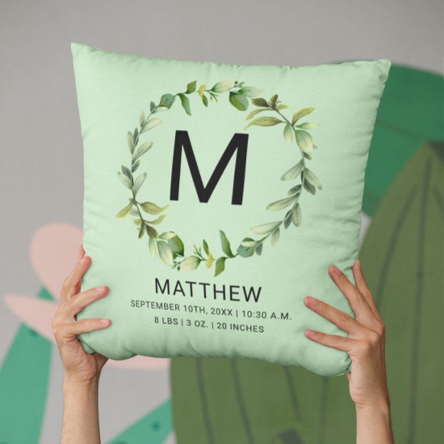 Greenery Monogram Birth Stats Newborn Baby Kudde (Skapare uppladdad)