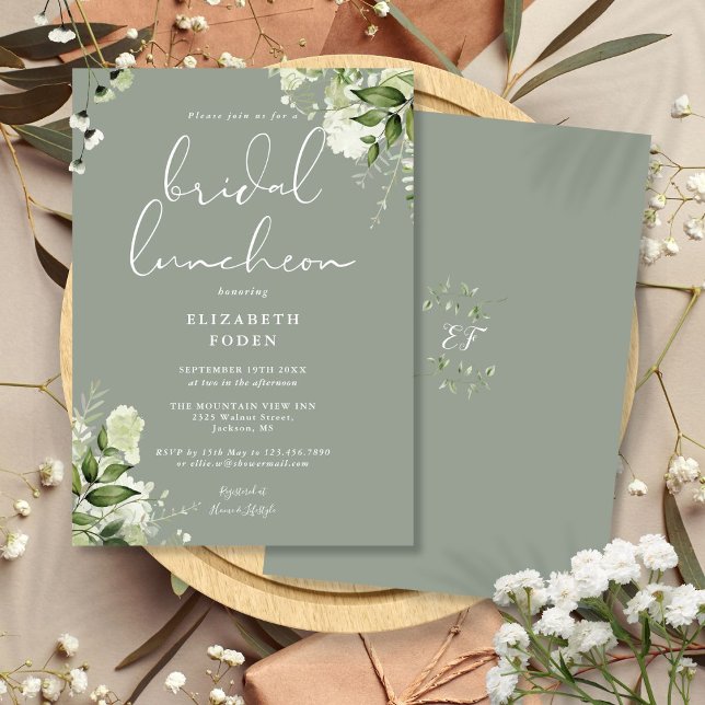 Greenery Monogram Sage Grönt Möhippa Luncheon Inbjudningar (Greenery Monogram Sage Green Bridal Luncheon Invitation)