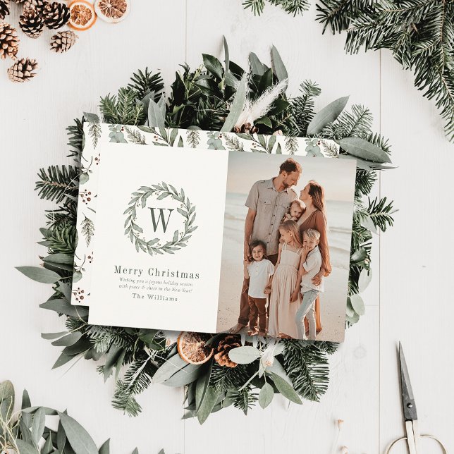 Greenery Monogram Sage Watercolor julfoto Julkort (Skapare uppladdad)