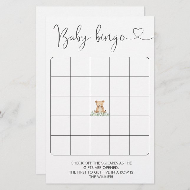 Greenery Nalle Baby Shower Bingo Game (Fram/baksida)