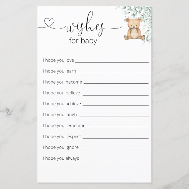 Greenery Nalle Baby Shower Önskemål för Baby (Framsida)
