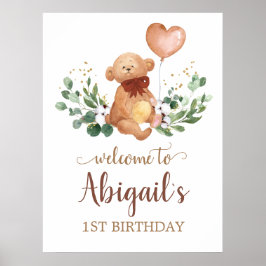 Greenery Nalle Välkommen Baby Birthday Poster