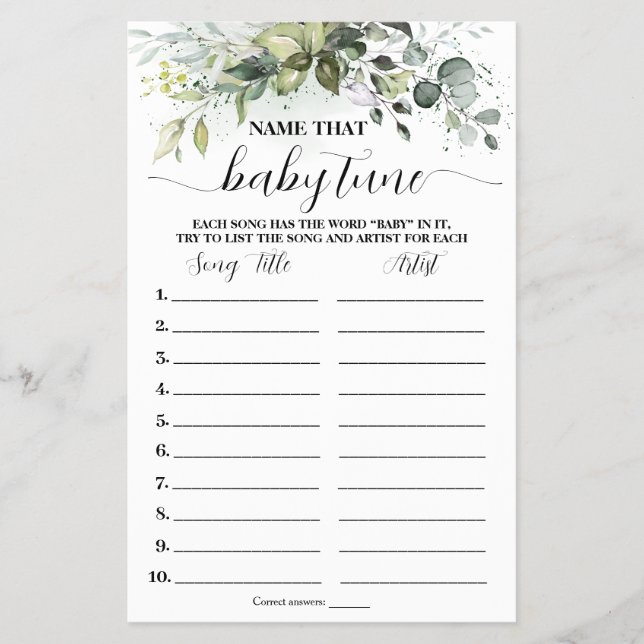 Greenery Namn Tune Baby Shower Game Card Flygblad (Framsidan)