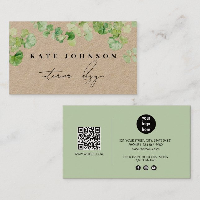 Greenery Namnteckning skript QR Code Rustic Kraft Visitkort (Fram/baksida)