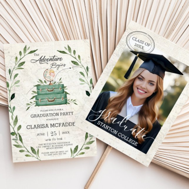 Greenery New Äventyr Begins Journey Studenten Inbjudningar (the adventure begins wanderlust greenery vintage globe suitcases graduation photograph invitation )