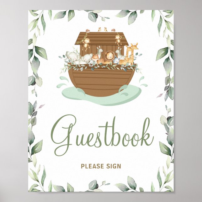 Greenery Noahs Ark Baby Shower Baptism Guestbook Poster (Framsidan)