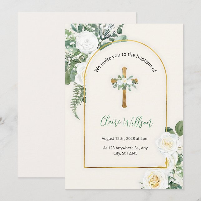 Greenery och Guld Baptism Christening Inbjudningar (Fram/baksida)