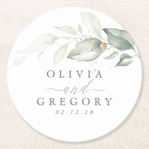 Greenery och Guld Elegant Romantic Bröllop Underlägg Papper Rund