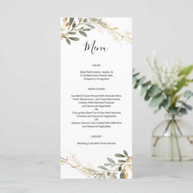 Greenery och Guld Geometric Boho Bröllop Menu Meny (Stående Fram)
