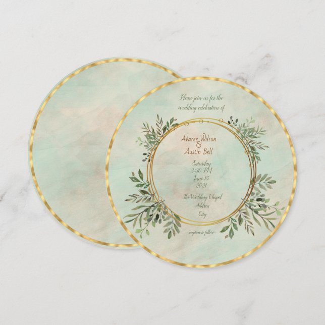 Greenery och Guld Geometric Ram Inbjudningar (Fram/baksida)