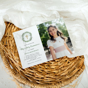 Greenery och Guld Kor Photo First Heliga Communion Inbjudningar