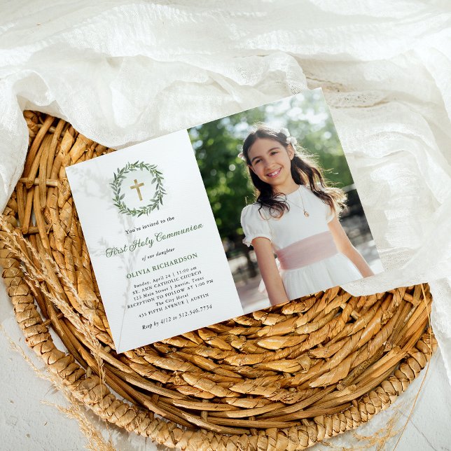 Greenery och Guld Kor Photo First Heliga Communion Inbjudningar (Skapare uppladdad)