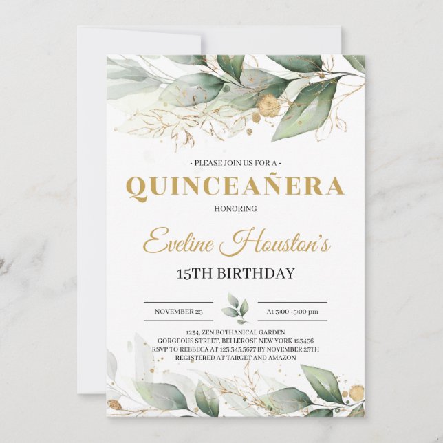 Greenery och guld löv eucalyptus quinceanera inbjudningar (Framsida)