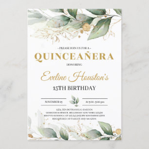 Greenery och guld löv eucalyptus quinceanera inbjudningar