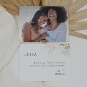 Greenery och Guld-matade foto Matron of Honor Card Inbjudningar
