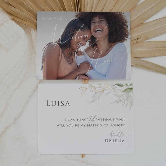 Greenery och Guld-matade foto Matron of Honor Card Inbjudningar (Skapare uppladdad)