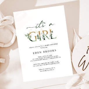 Greenery och Guld som låter en babystövel Inbjudningar