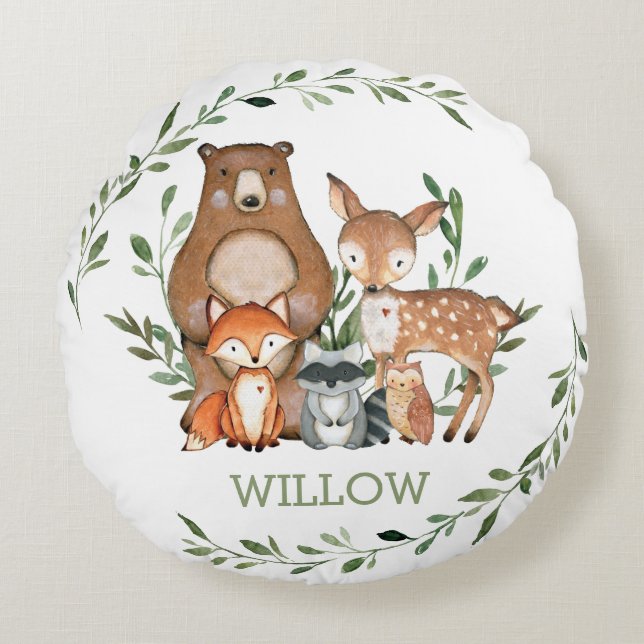 Greenery of Whimsique Woodland Forest Animals Rund Kudde (Framsidan)