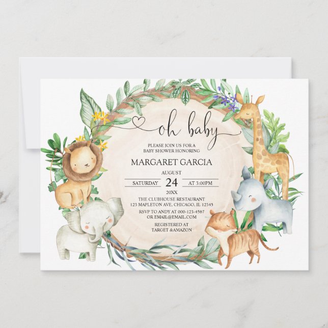Greenery Oh Baby Jungle Safari Animals Baby Shower Inbjudningar (Framsida)