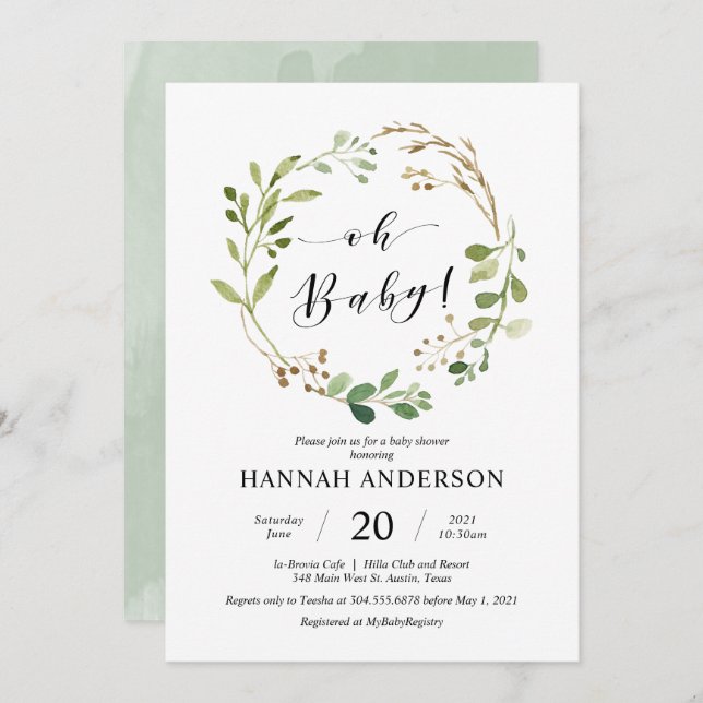 Greenery Oh Baby Shower Modern Script Inbjudningar (Fram/baksida)