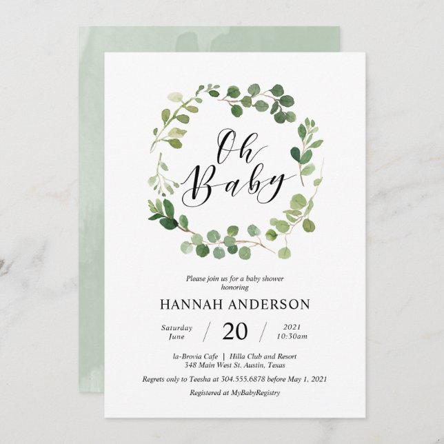 Greenery Oh Baby Shower Modern Script Inbjudningar (Fram/baksida)