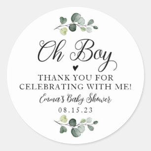Greenery Oh Boy Baby Shower Sticker Runt Klistermärke