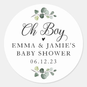 Greenery Oh Boy Baby Shower Sticker Runt Klistermärke