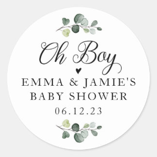 Greenery Oh Boy Baby Shower Sticker Runt Klistermärke