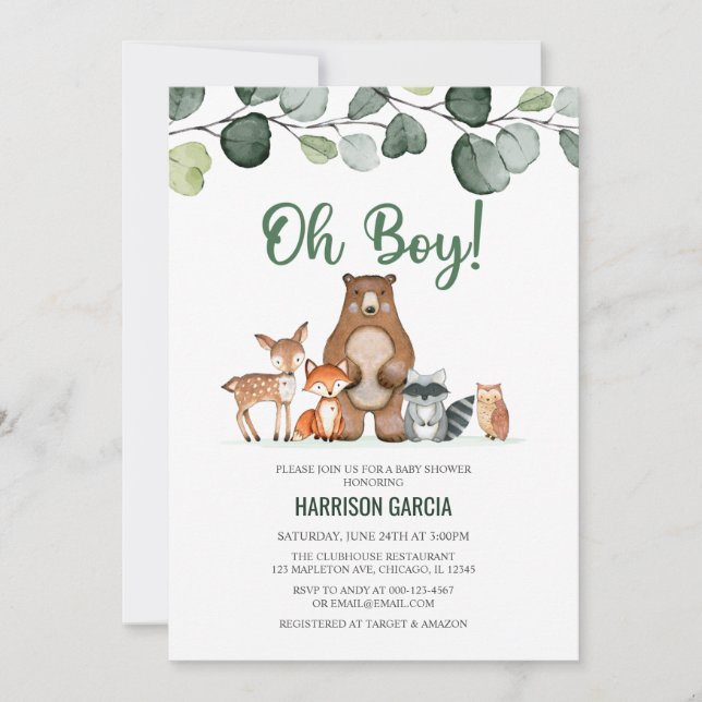Greenery Oh Boy Woodland Animals Baby Shower Inbjudningar (Framsida)