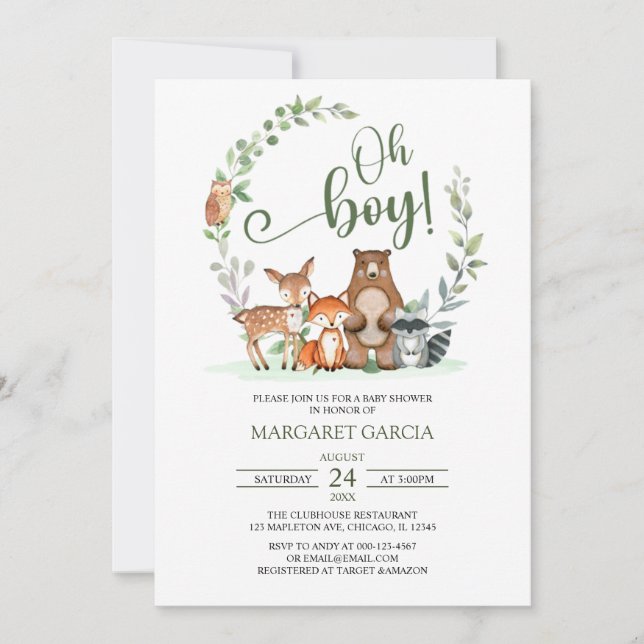 Greenery Oh Boy Woodland Animals Baby Shower Inbjudningar (Framsida)